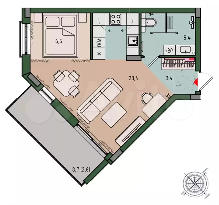 Квартира-студия, 41,3 м, 8/12 эт. - Фото 1