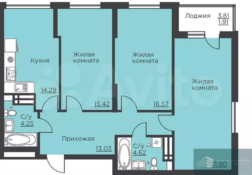 3-к. квартира, 92 м, 15/18 эт. - Фото 0