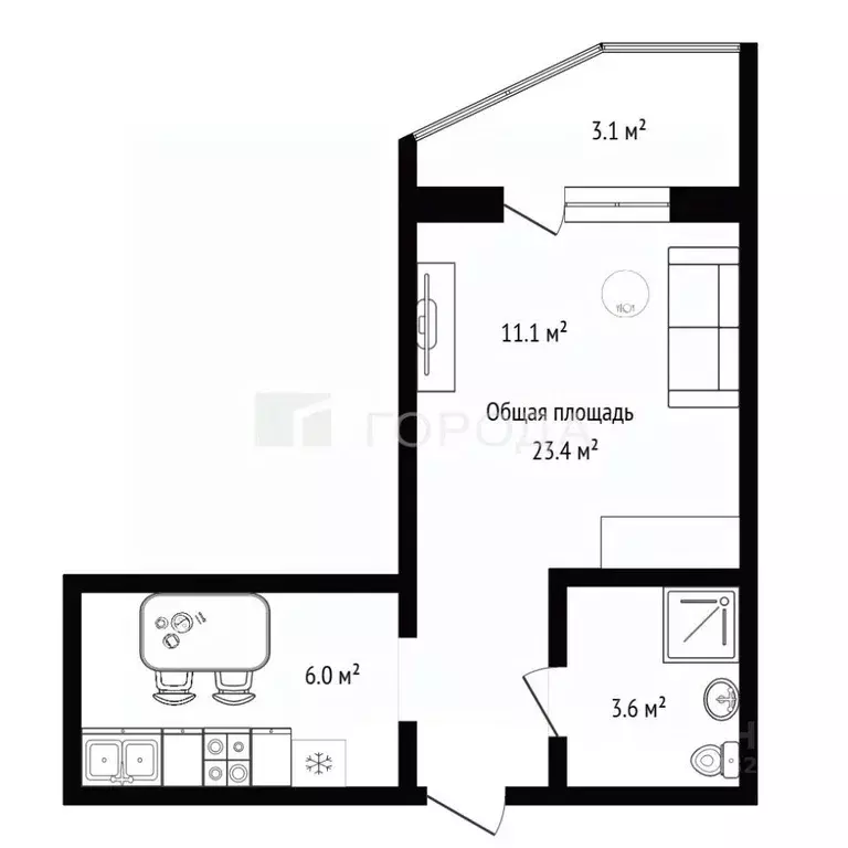 Студия Новосибирская область, Новосибирск ул. Виноградова, 5 (23.4 м) - Фото 2