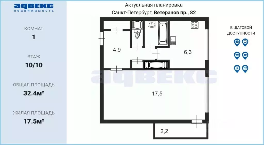 1-к кв. Санкт-Петербург просп. Ветеранов, 82 (32.4 м) - Фото 2