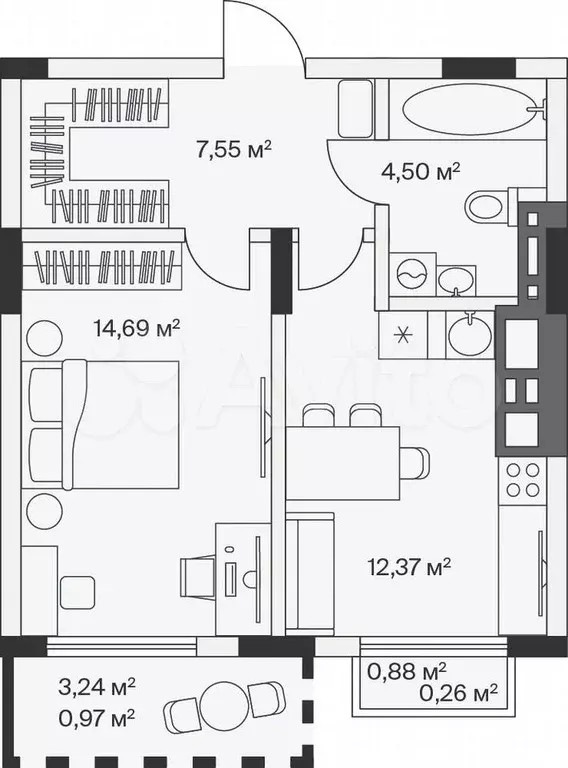 1-к. квартира, 40,3 м, 7/7 эт. - Фото 1