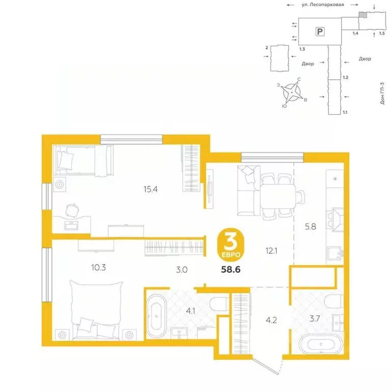 3-к кв. Тюменская область, Тюмень ул. Лесопарковая, 22 (58.6 м) - Фото 1