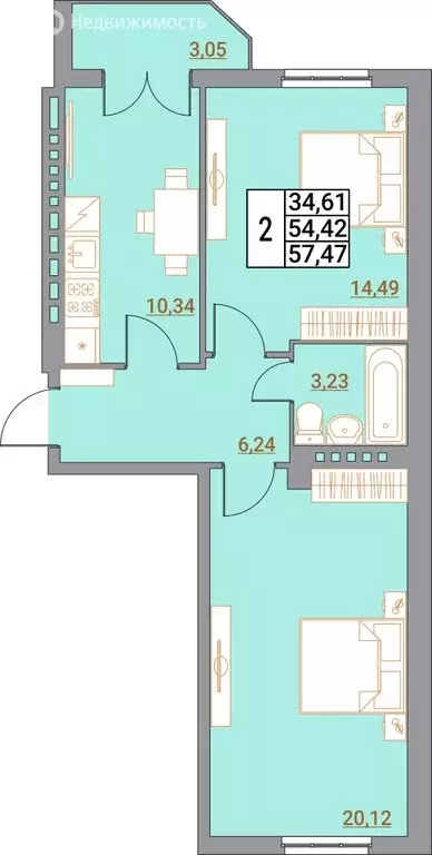 2-комнатная квартира: Шахты, переулок Бродского, 8 (57.47 м) - Фото 0