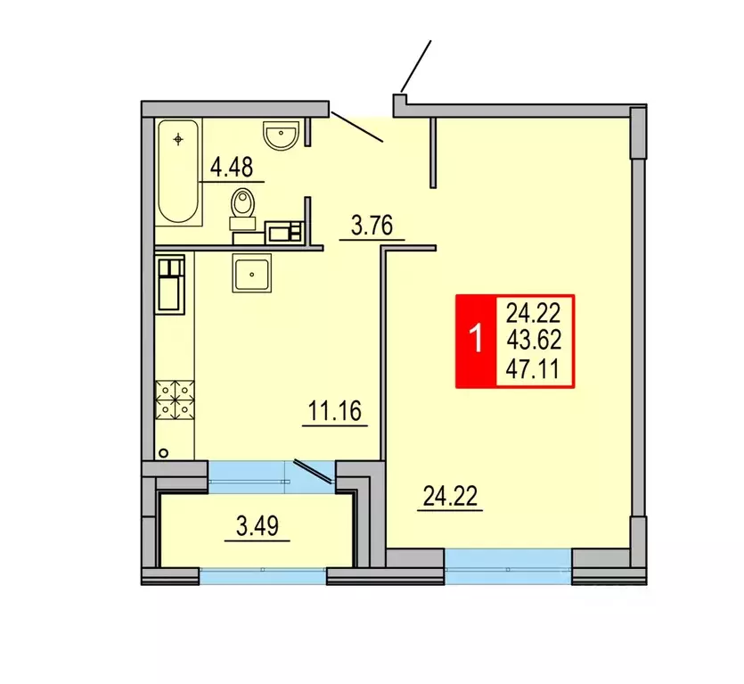 1-к кв. Тверская область, Тверь Петербургское ш. (47.11 м) - Фото 1