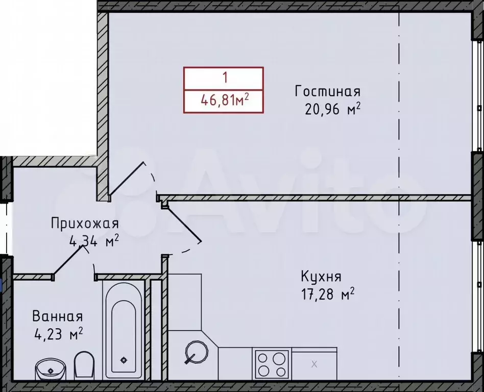 1-к. квартира, 46,8 м, 3/8 эт. - Фото 1