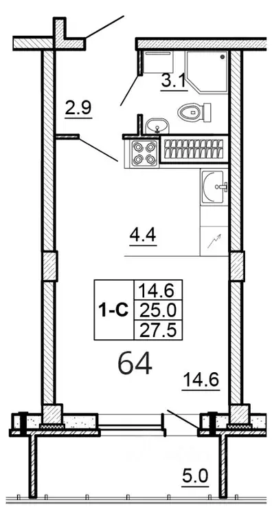 Студия Псковская область, Псков ул. Алексея Алехина, 14 (27.5 м) - Фото 1