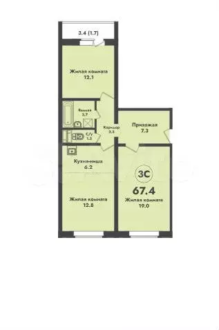 3-к. квартира, 67,4 м, 17/17 эт. - Фото 1