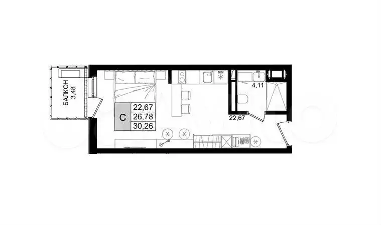 Апартаменты-студия, 30,3 м, 5/8 эт. - Фото 0