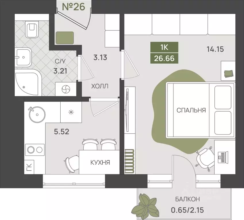 1-к кв. Калининградская область, Гурьевск  (26.66 м) - Фото 1