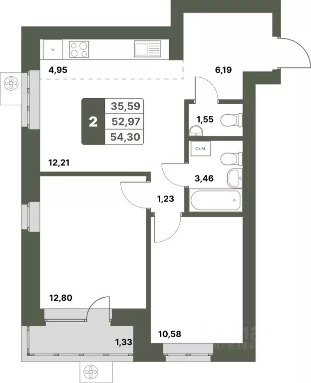 2-к кв. Башкортостан, Уфимский район, с. Миловка  (54.3 м) - Фото 1