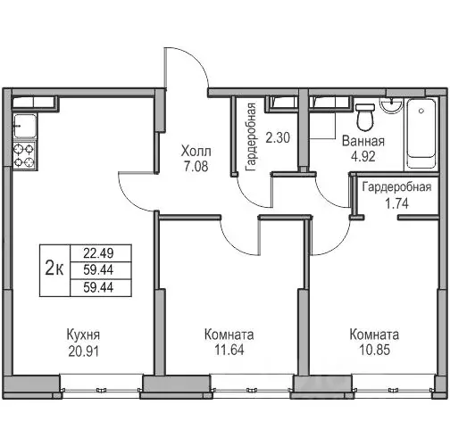 2-к кв. Санкт-Петербург ул. Ивинская, 1к3 (59.44 м) - Фото 0