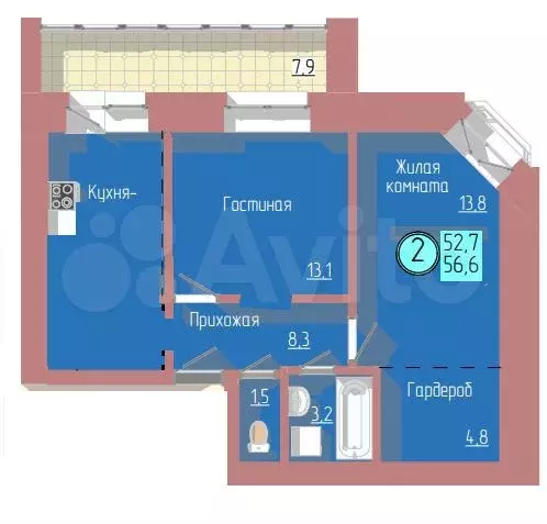 2-к. квартира, 56,9 м, 11/12 эт. - Фото 1