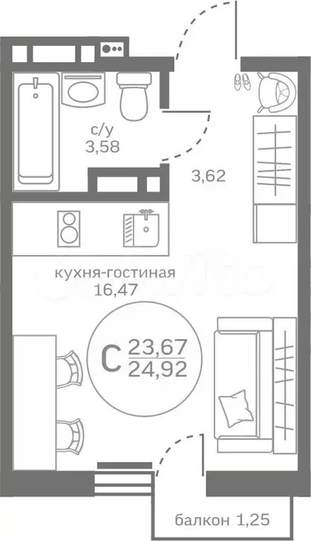 Квартира-студия, 23,7 м, 2/17 эт. - Фото 0