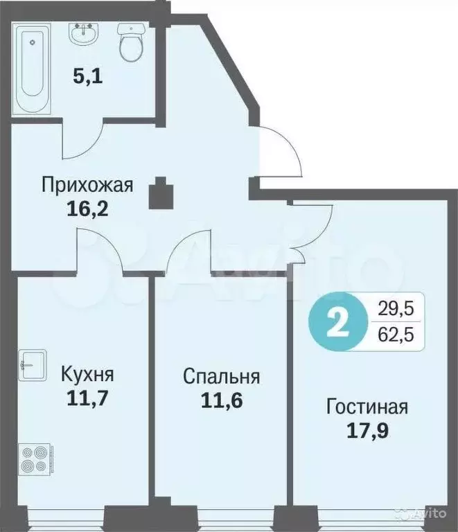 2-к. квартира, 62,7 м, 1/13 эт. - Фото 0