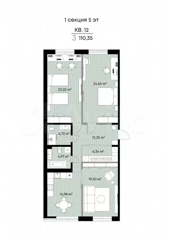 3-к. квартира, 110,4 м, 5/9 эт. - Фото 1