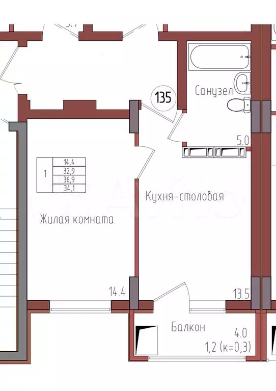 1-к. квартира, 34,1 м, 8/9 эт. - Фото 0