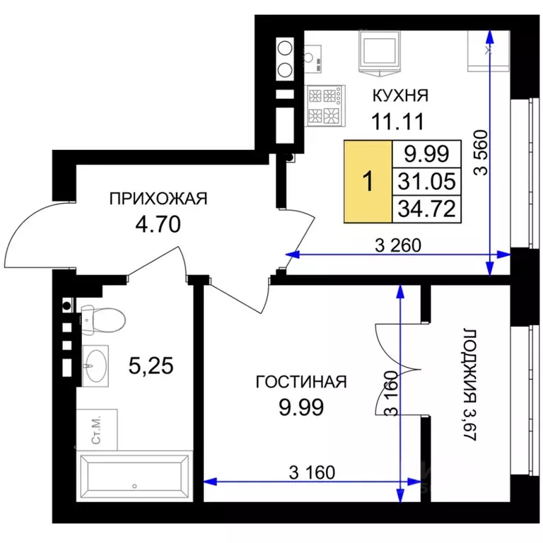 1-к кв. Калининградская область, Гурьевск Включи жилой комплекс (34.72 ... - Фото 0