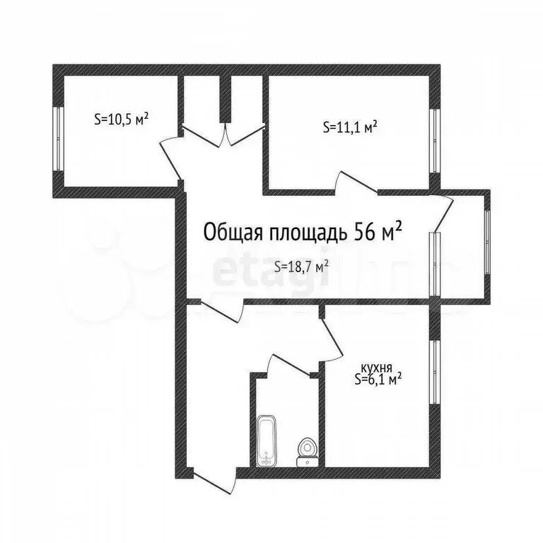 3-к. квартира, 56 м, 3/5 эт. - Фото 0