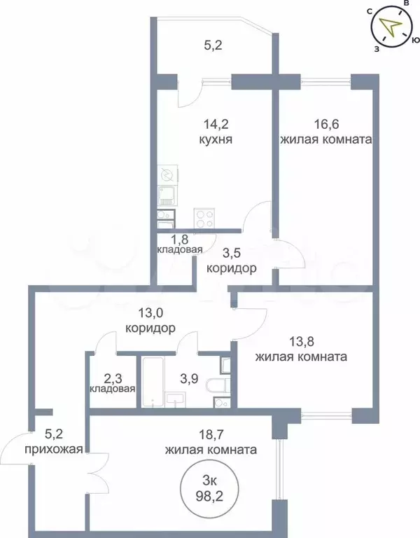 3-к. квартира, 98,2 м, 6/16 эт. - Фото 0