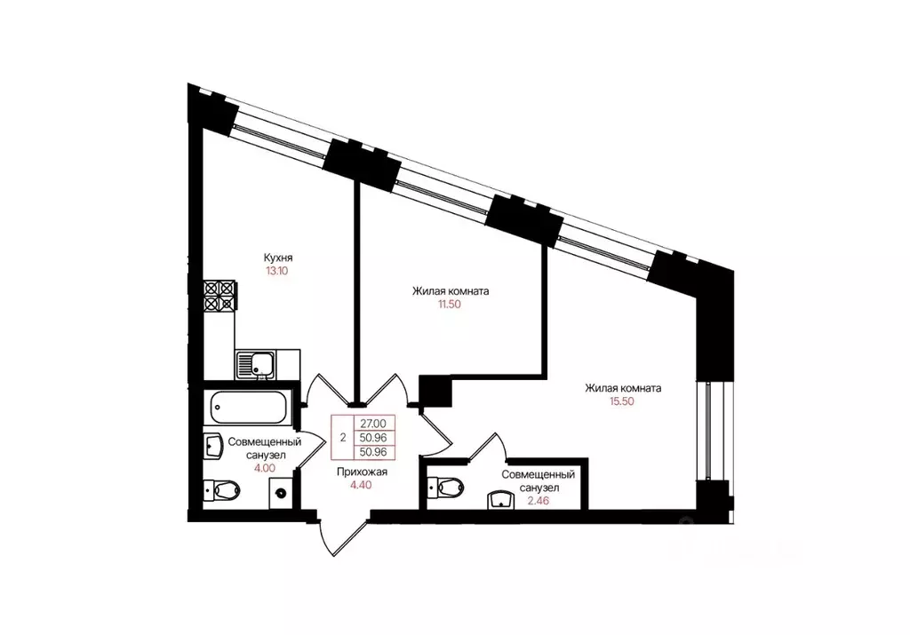 2-к кв. Татарстан, Казань Лето жилой комплекс (50.96 м) - Фото 2