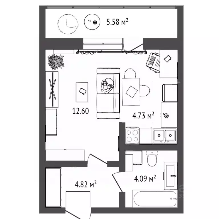 Студия Тюменская область, Тюмень ул. Тимофея Чаркова, 81к2 (28.9 м) - Фото 1