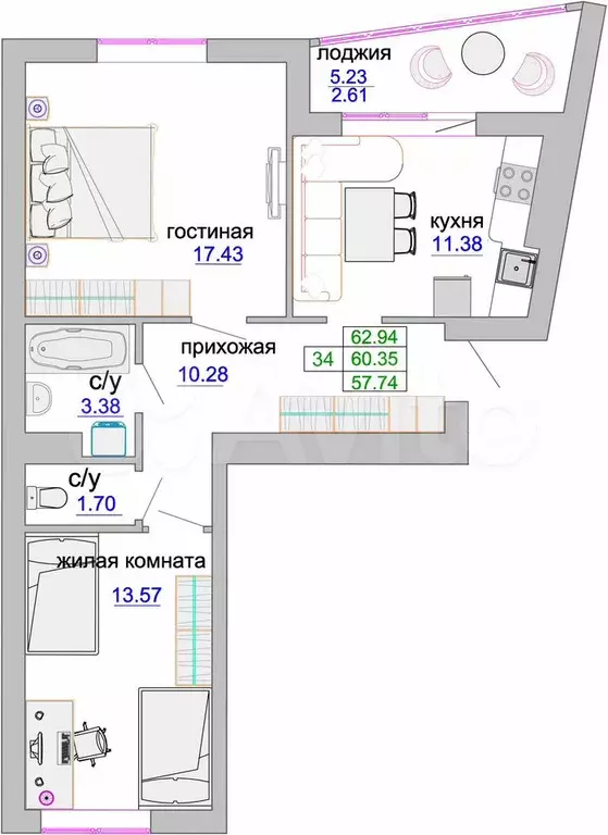 2-к. квартира, 87,1 м, 9/9 эт. - Фото 1