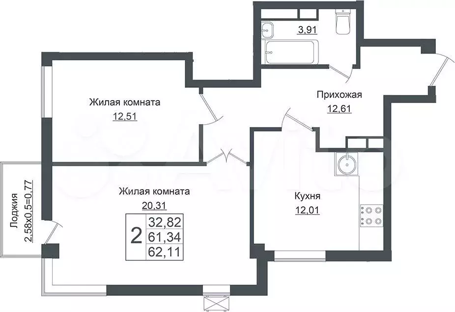 2-к. квартира, 62,1 м, 4/7 эт. - Фото 1