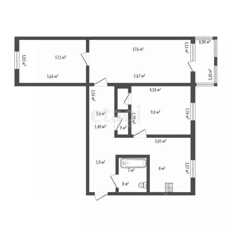 3-к кв. Амурская область, Благовещенск 2-й мкр, ул. Дьяченко, 6А (69.4 ... - Фото 1