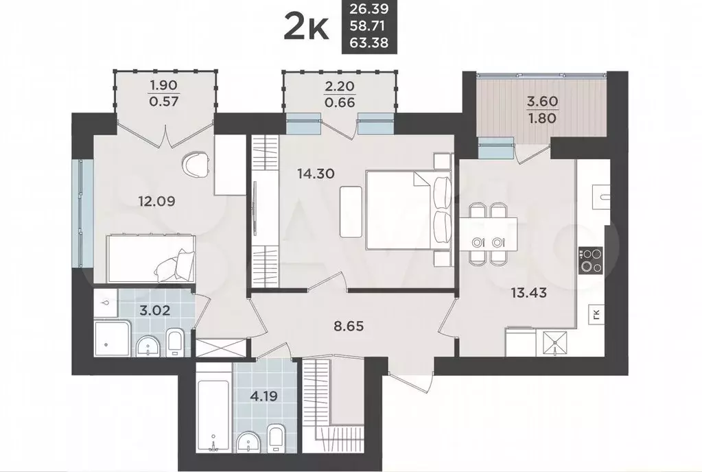 2-к. квартира, 58,7 м, 8/9 эт. - Фото 1
