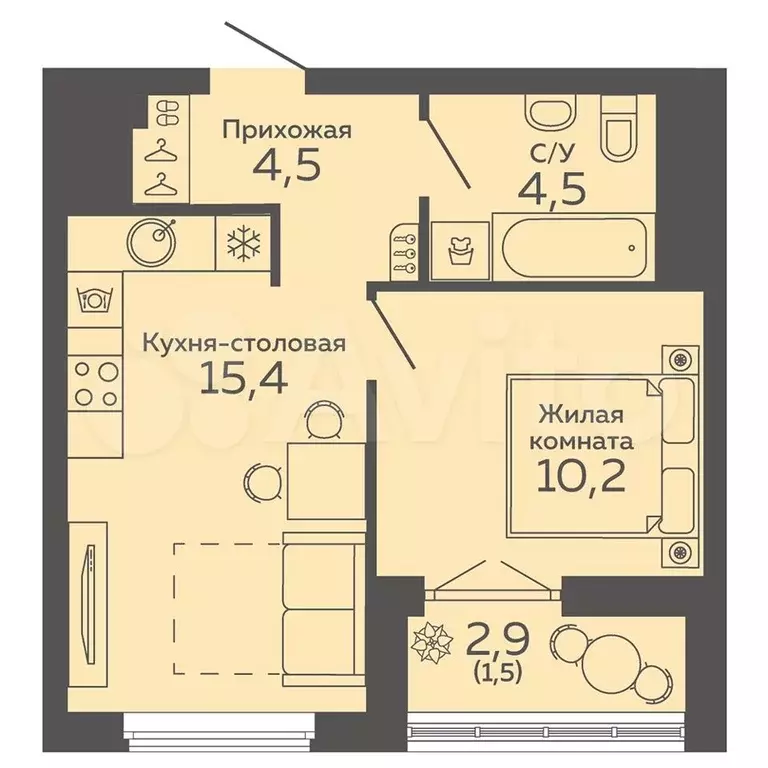 1-к. квартира, 36,1 м, 13/25 эт. - Фото 1