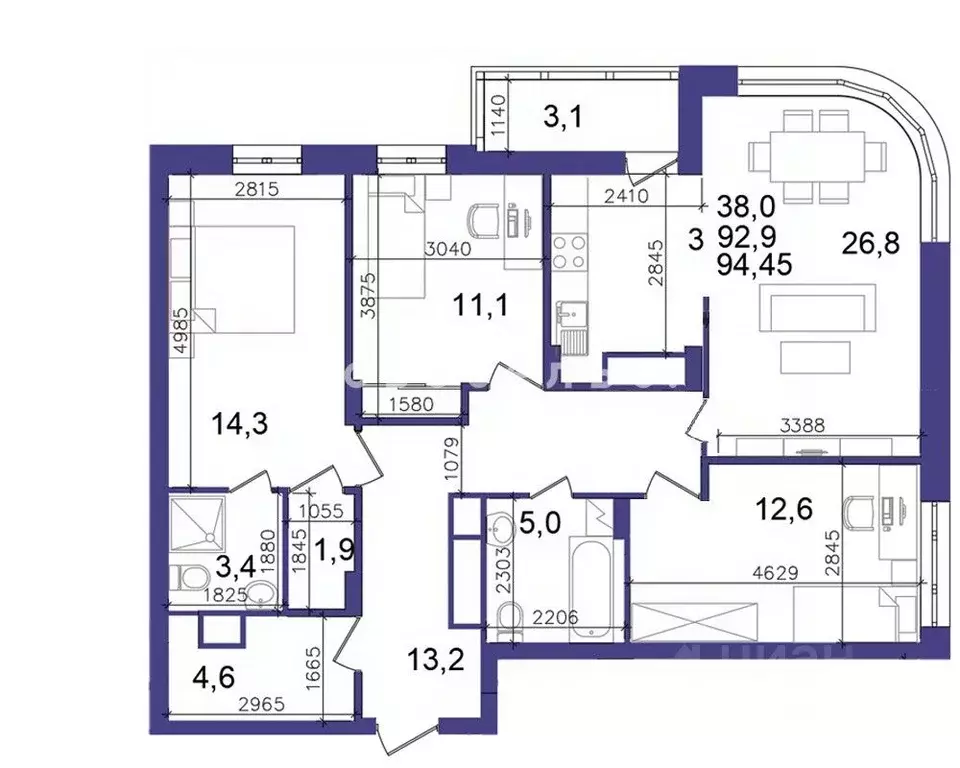 3-к кв. Рязанская область, Рязань Быстрецкая ул., 10к1 (93.0 м) - Фото 1
