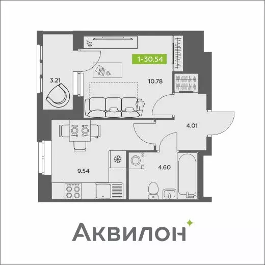 1-комнатная квартира: Архангельск, жилой комплекс АКвартал (30.54 м) - Фото 0