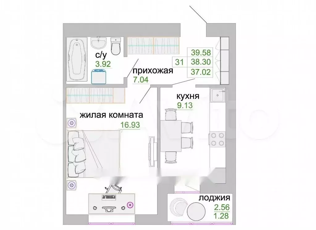 1-к. квартира, 38,9 м, 9/9 эт. - Фото 1