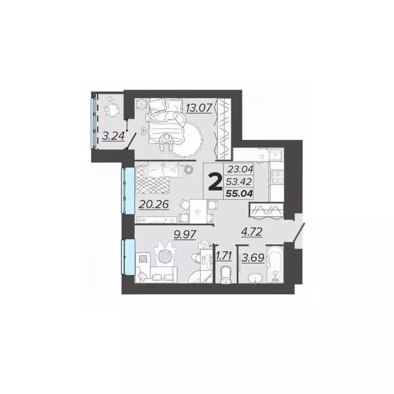 2-к кв. Брянская область, Брянск Архитектор жилой комплекс (55.04 м) - Фото 1