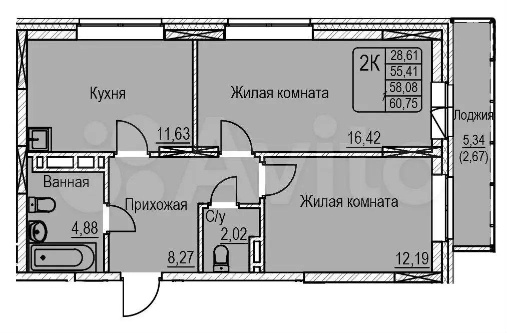 2-к. квартира, 60,8 м, 21/23 эт. - Фото 0