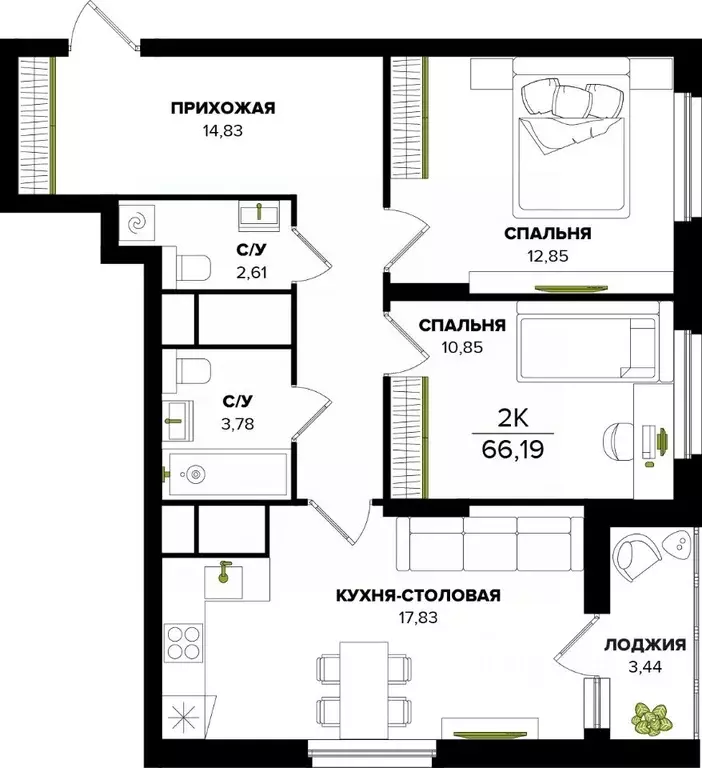 2-к кв. Тульская область, Тула  (66.19 м) - Фото 1