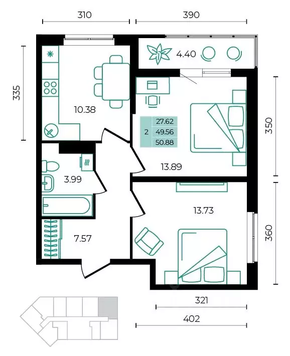 2-к кв. Адыгея, Майкопский район, пос. Тульский ул. Заречная (50.88 м) - Фото 1
