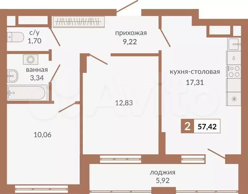 2-к. квартира, 57,4 м, 11/22 эт. - Фото 0