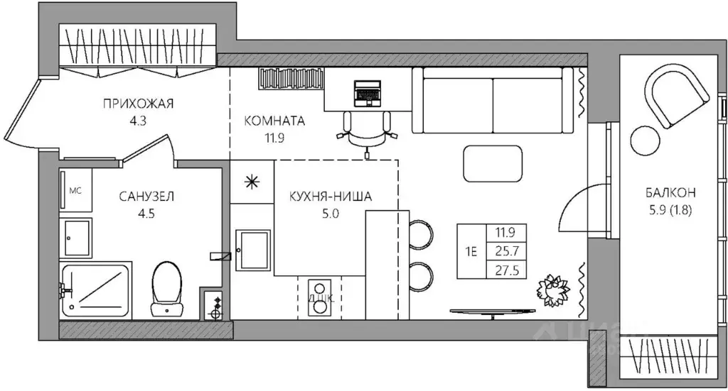 Студия Пермский край, Пермь Батумская ул., 21 (27.5 м) - Фото 1
