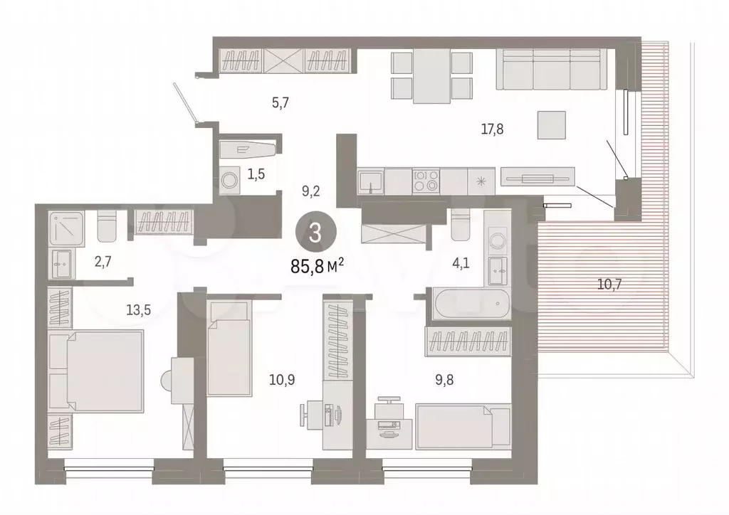 3-к. квартира, 85,8 м, 8/8 эт. - Фото 0