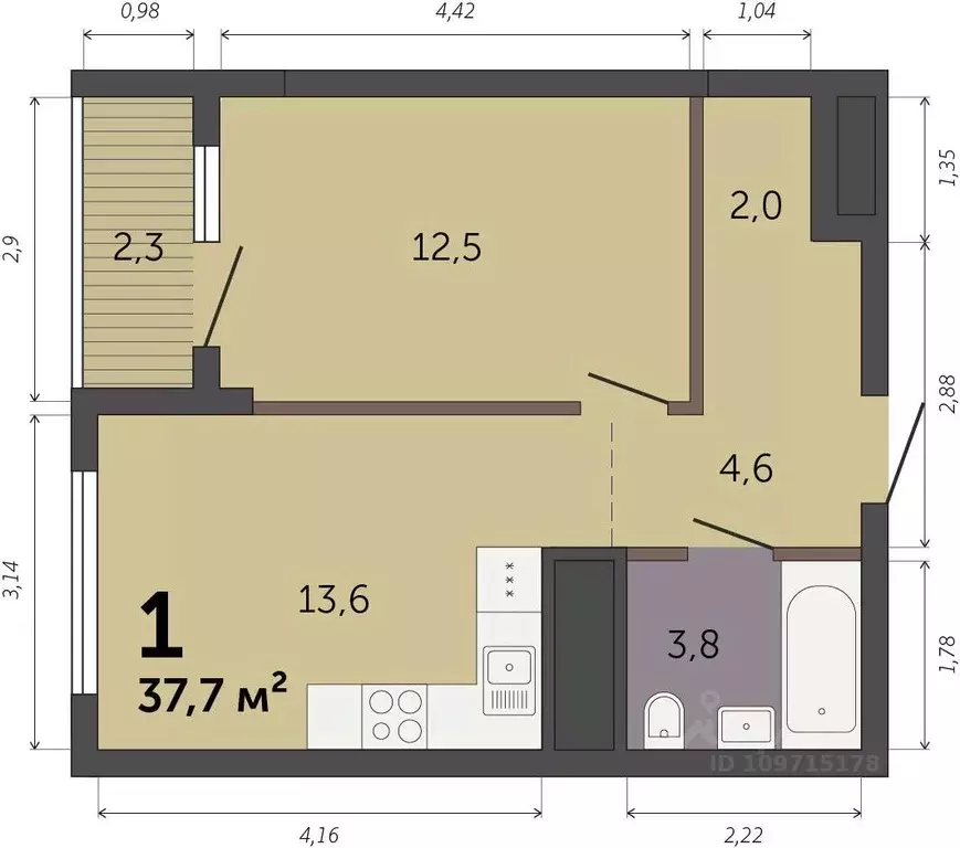 1-к кв. Свердловская область, Екатеринбург Южный жилрайон,  (37.7 м) - Фото 1
