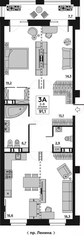 3-к. квартира, 95,2 м, 2/20 эт. - Фото 1