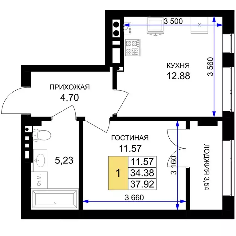 1-комнатная квартира: Гурьевск, жилой комплекс Включи (37.92 м) - Фото 0