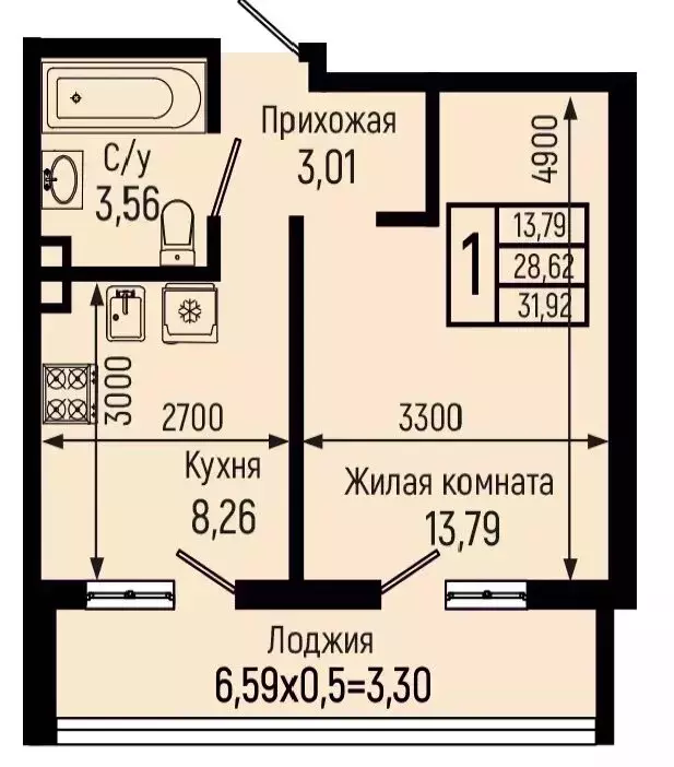 1-комнатная квартира: село Небуг, Центральная улица, 12А/1 (31.92 м) - Фото 1