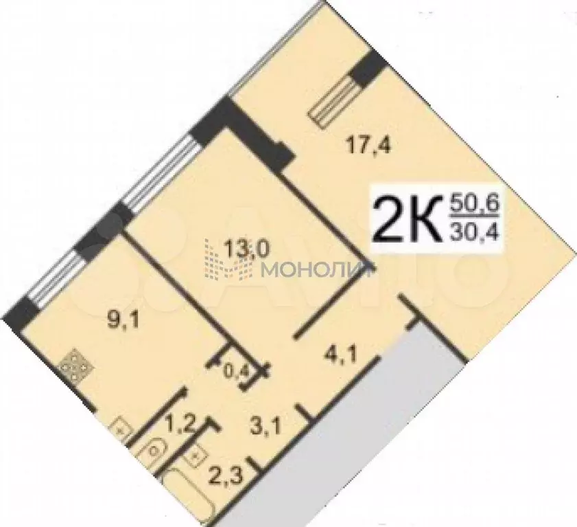 2-к. квартира, 50,6 м, 2/9 эт. - Фото 0