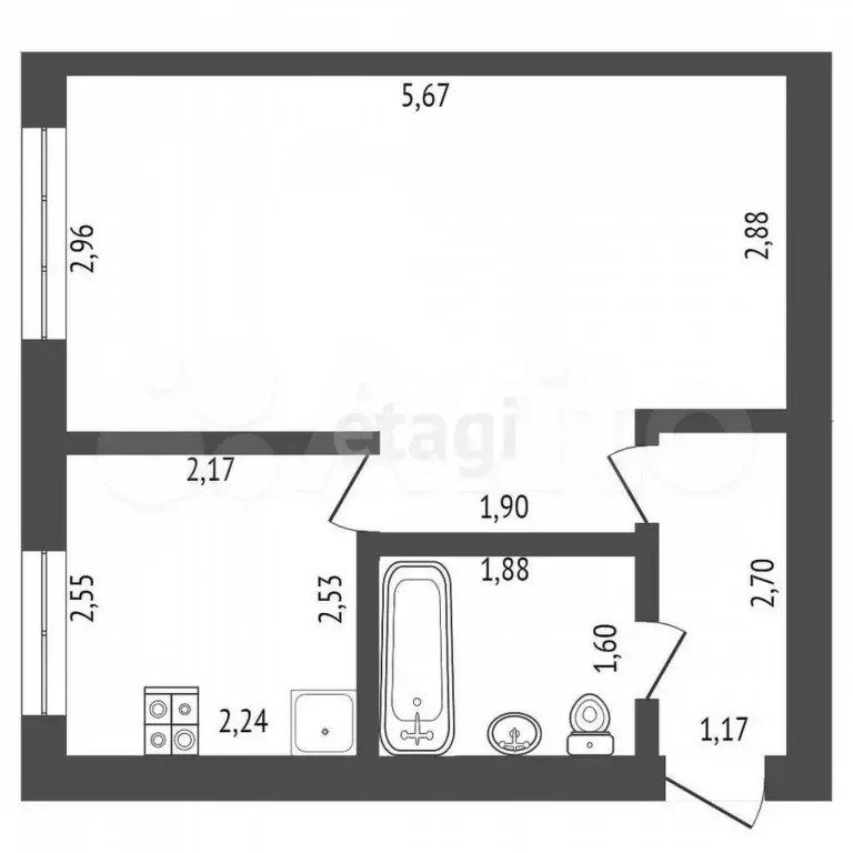 1-к. квартира, 28,7 м, 2/5 эт. - Фото 0