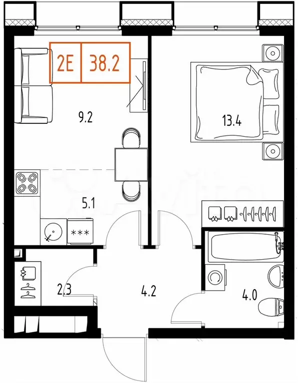 1-к. квартира, 38,2 м, 8/9 эт. - Фото 0