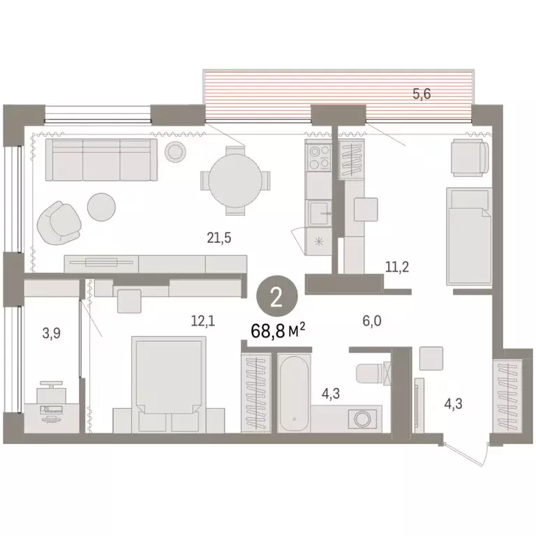 2-комнатная квартира: Тюмень, Краснооктябрьская улица, 4 (68.75 м) - Фото 2