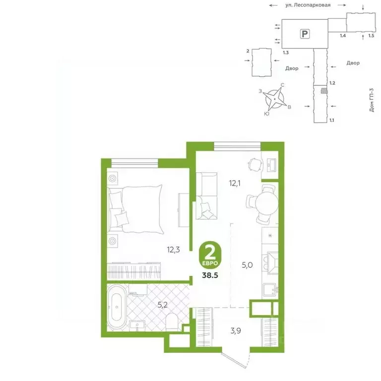 2-к кв. Тюменская область, Тюмень ул. Лесопарковая, 22 (38.5 м) - Фото 0