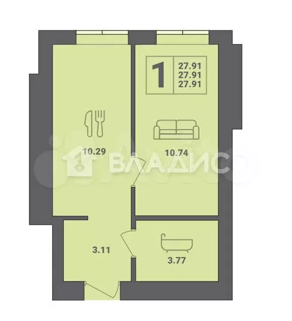 1-к. квартира, 27,9 м, 1/6 эт. - Фото 0